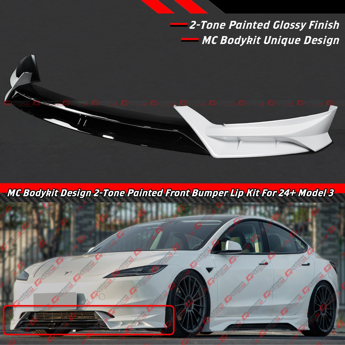 For 24-26 Tesla Model 3 Highland MC Design Pearl White Black Front Lip Splitter