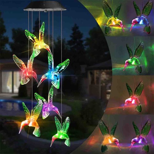Solar Powered Color-Changing LED Hummingbird Wind Chimes Light Garden Yard Decor