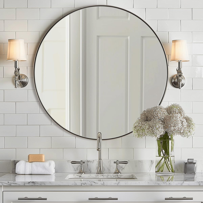 round Bathroom Mirror, 24’’ Brushed Silver round Bathroom Mirrors in Stainless Steel Metal Frame 1