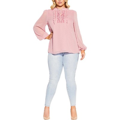 Городская шикарная женская розовая блузка с вышивкой на шее и рюшами Plus Size BHFO 9116