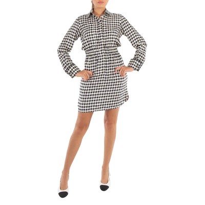 Pre-owned Max Mara Ladies White Black Arca Silk Houndstooth Shirt Dress