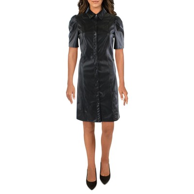 

DKNY Женское черное рабочее платье-рубашка из искусственной кожи с короткими рукавами BHFO 0436, Черный