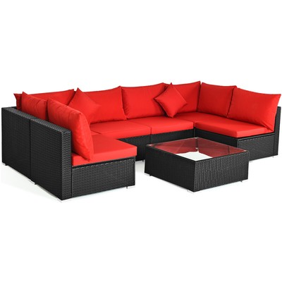 7PCS Patio Rattan Sofa Set Sectional Conversation Furniture Set Garden Red