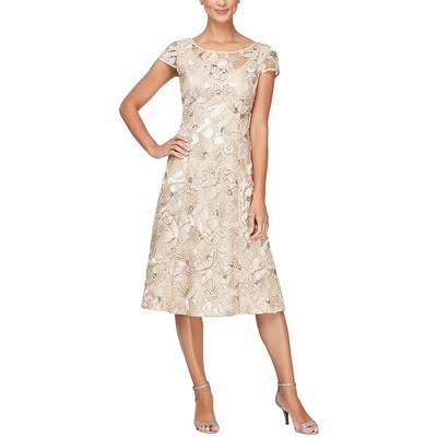 Женское бежевое кружевное вечернее платье миди с блестками Alex Evenings Plus 24W BHFO 1060