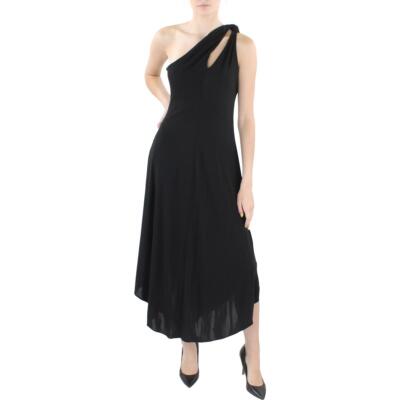 Halston Женское черное вечернее платье миди на одно плечо 6 BHFO 8913