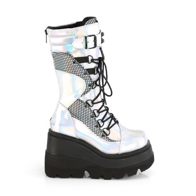 DEMONIA SHAKER-70 DEMONIA VEGANE KEIL-PLATEAU STIEFEL SPIKES SILBER HOLOGRAMM LEDERLOOK