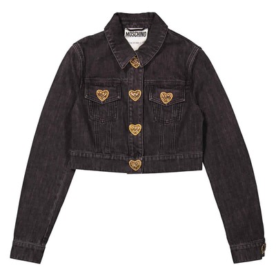Pre-owned Moschino Heart Buttons Cropped Denim Jacket In Black