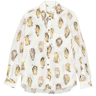 Pre-owned Burberry Ladies Oyster- Print Pearl- Embellished Shirt In White