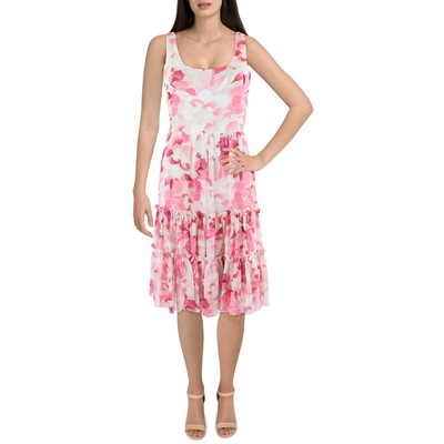 

Женское розовое шифоновое платье миди с цветочным принтом Calvin Klein  BHFO 9880, Pink/white