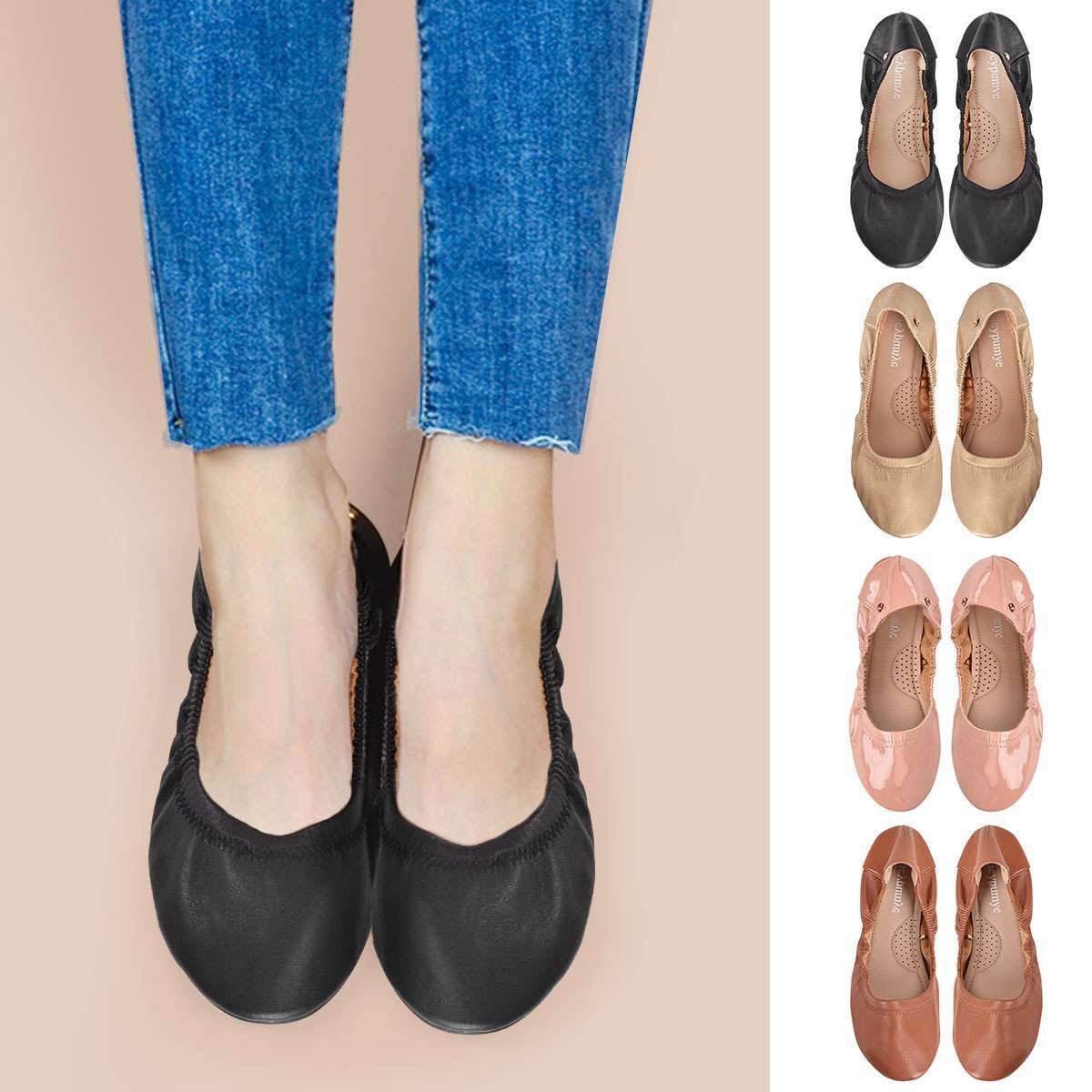 Womens Comfy Office / Travel Ballet Flats Round Toe Slip On Leather Ballet Flats