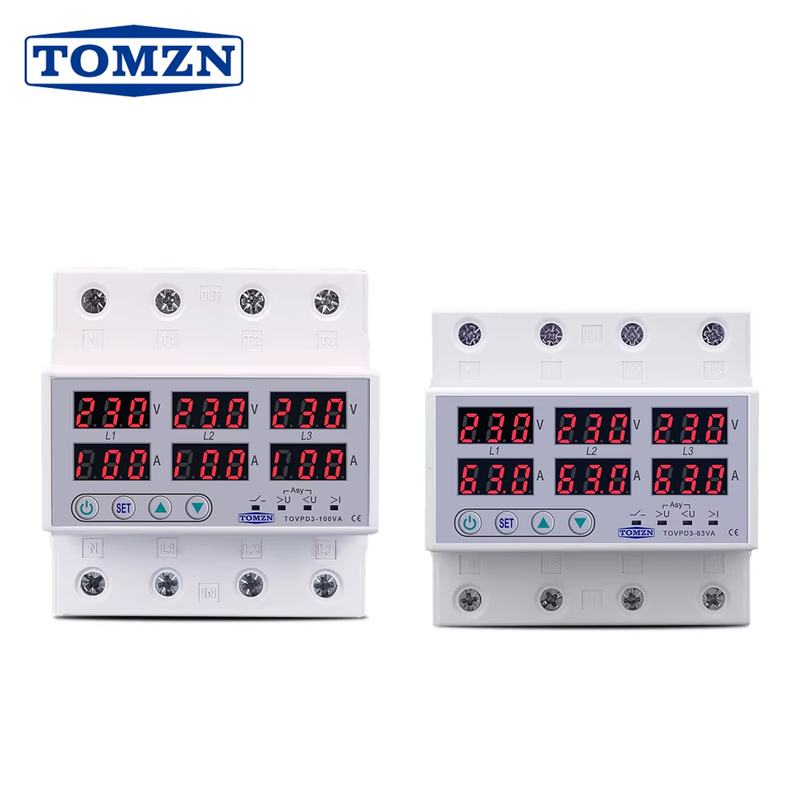 TOVPD3-63VA Din Rail 3 Phase Adjustable Over and Under Voltage Protector relay w