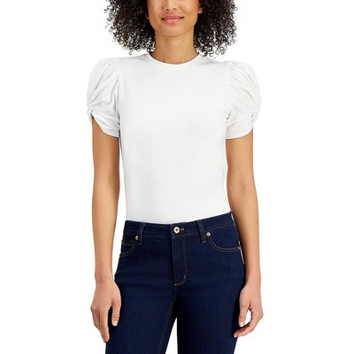 Anne Klein Womens White Cotton Blend Solid Puff Sleeve Pullover Top S BHFO 0957