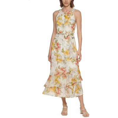 

Calvin Klein Женское длинное летнее платье макси цвета слоновой кости с лямкой на шее  BHFO 7508, Golden multi