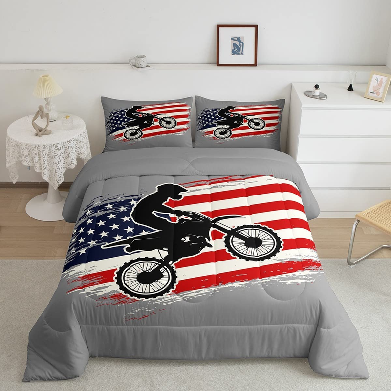 Dirt Bike Comforter Set Twin Size for Kids Boys,American Flag Bedding Set,Grey