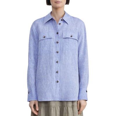 

Lafayette 148 New York Женская льняная рубашка на пуговицах с заостренным воротником BHFO 7695, Coastal blue melange