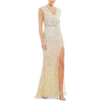 

Женское вечернее платье без рукавов макси с золотыми блестками Mac Duggal  BHFO 9597, Nude