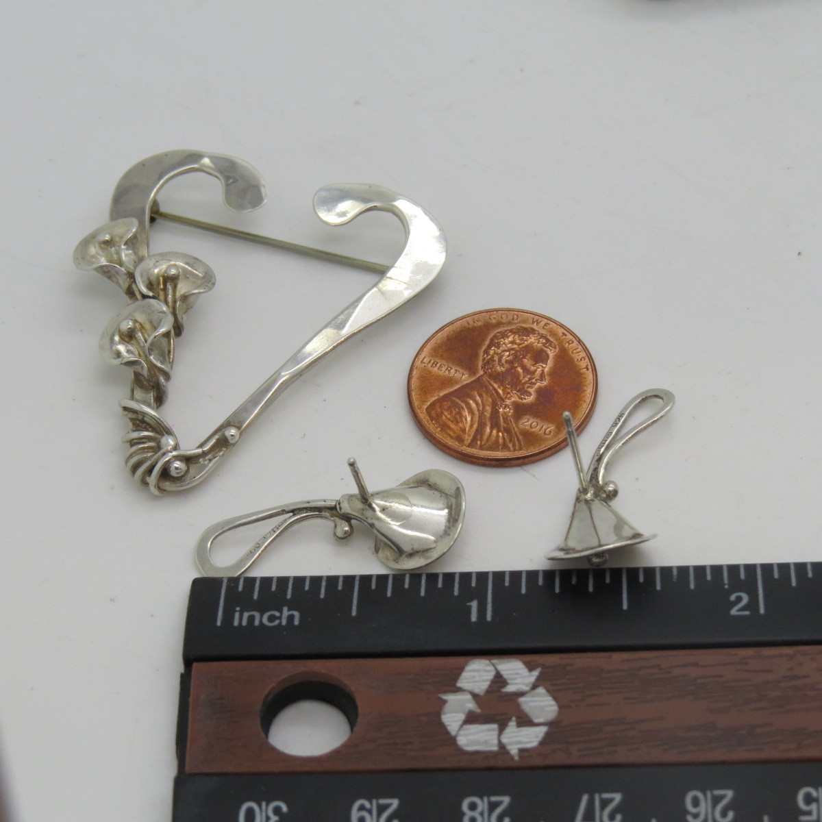 Vintage Signed MSH Sterling Silver Floral Lily Design Brooch/Pin & Earring Set E