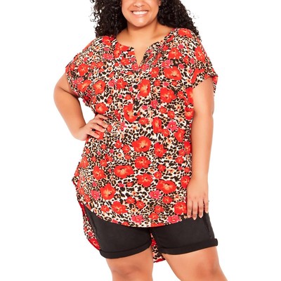 Avenue Womens Red Pintuck Animal Print Blouse Henley Top Plus 20 BHFO 4942