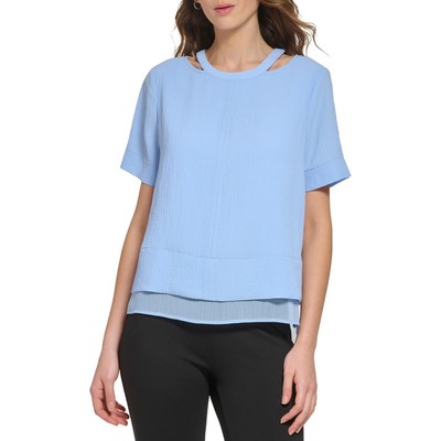 Женская синяя офисная блузка-рубашка с вырезом в складку DKNY, L BHFO 4693