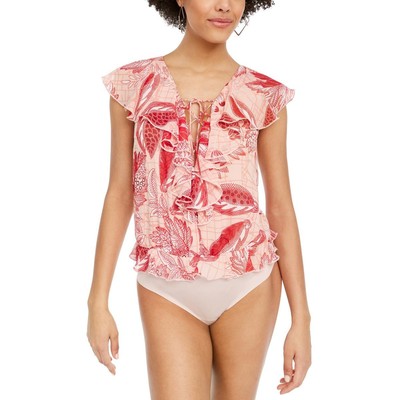 

Guess Женское боди Everly Pink с цветочным принтом и оборками на шнуровке, топ  BHFO 7430, Bloom print mauve