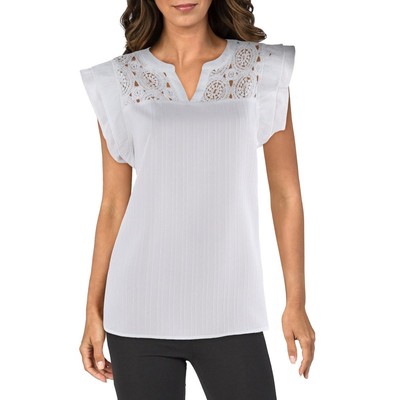 Cable & Gauge Womens White Crochet Inset Ruffled Pullover Top Shirt L BHFO 7930