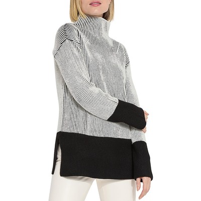 Lysse Womens B/W Knit Striped Cozy Mock Turtleneck Sweater L BHFO 9080