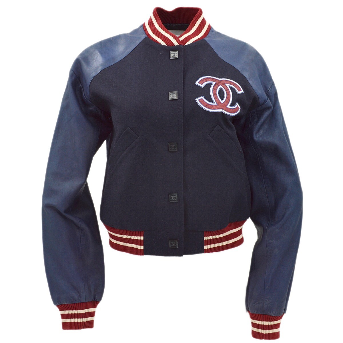 Chanel Spring Letterman Bomber Jacket Navy 04P #40 112038 | eBay