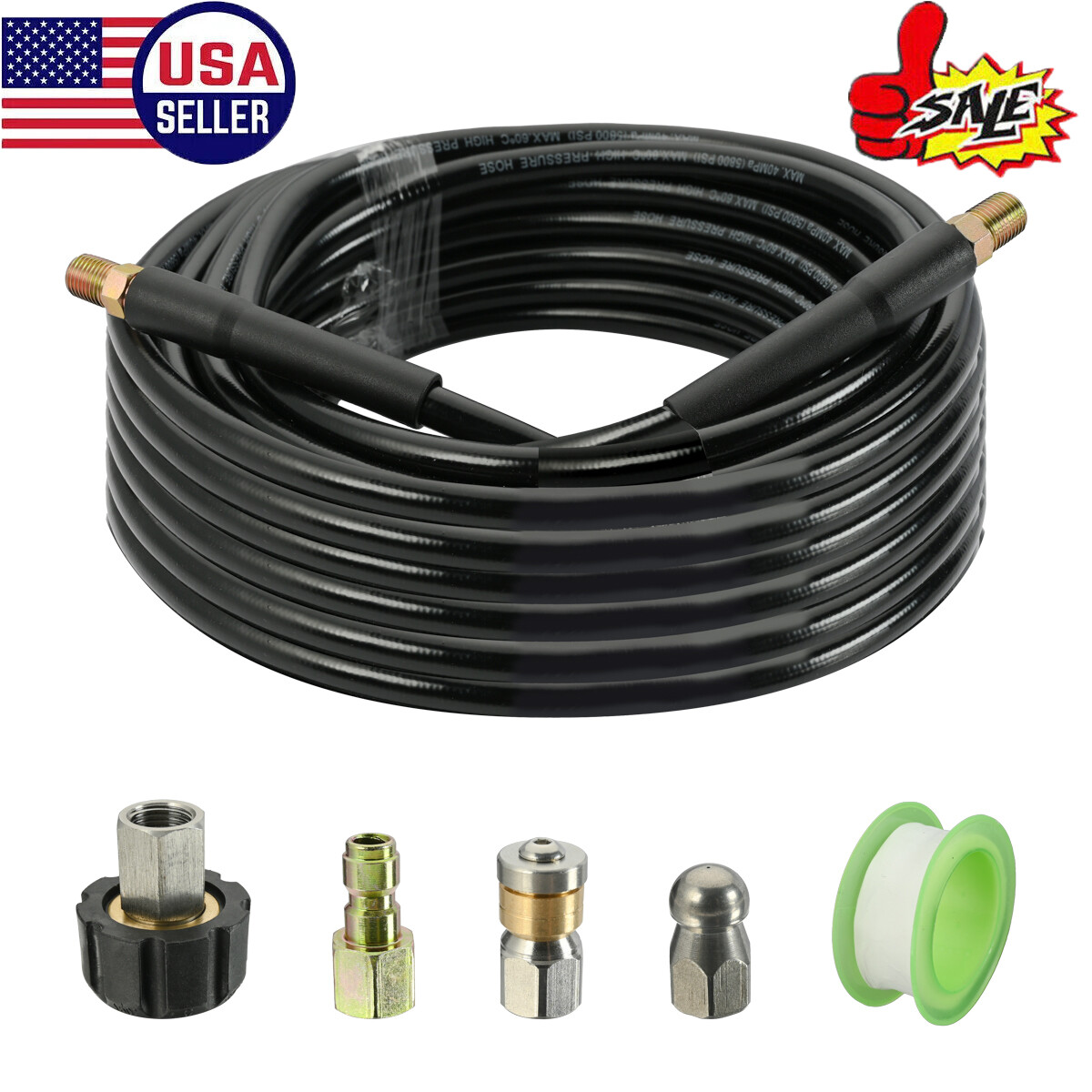 50FT 5800 PSI Sewer Jetter Nozzles Kit Pressure Washer Drain Cleaning Hose US