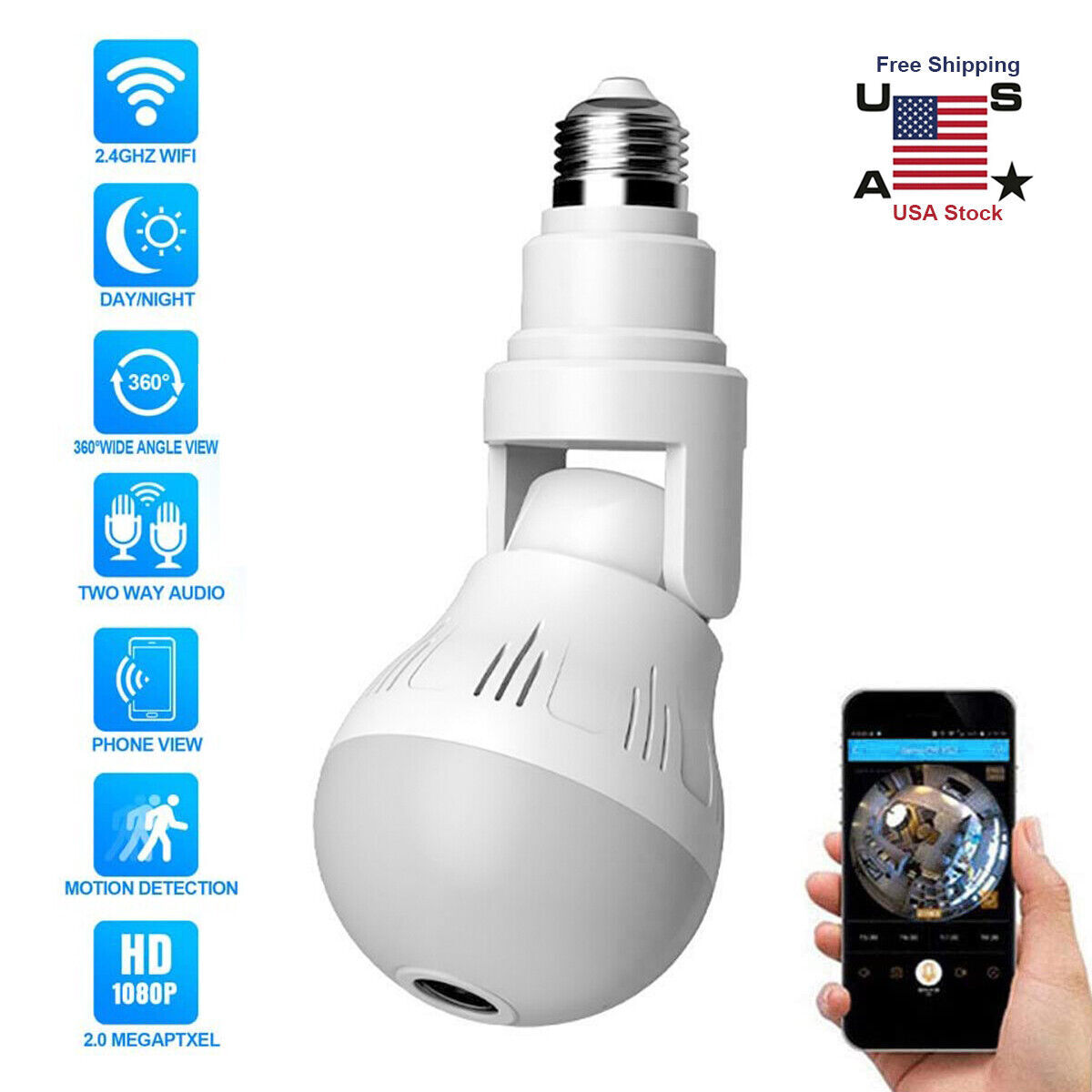 360&deg; 1080P HD Wifi Hidden Camera Panoramic IP Security Camera Light Bulb
