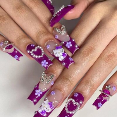 24pcs Purple Kitty French Hottie False Nail Long Square Press on Nail Nail Art