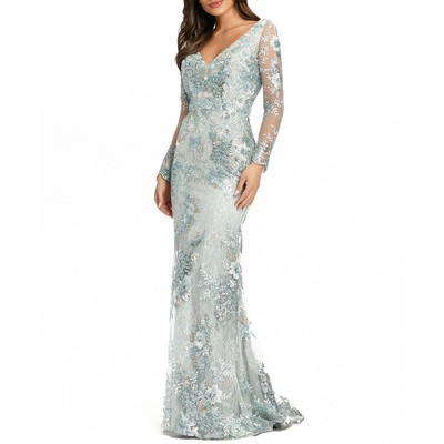 Женское синее вечернее платье макси с блестками Mac Duggal, 14 BHFO 3239