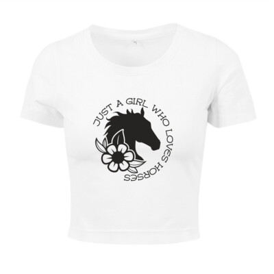 bauchfreies Ladies Cropped Tee Shirt mit Druck JUST A GIRL WHO LOVES HORSES