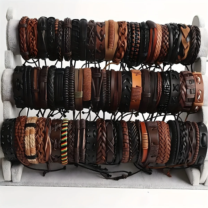 20Pcs Braided Genuine Leather Bracelets for Men Women Wrap Wood Beads Cuff Brace
