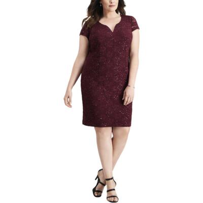 Connected Apparel Womens Plus Size Floral Lace Metallic V-Neck Sheath Dress
