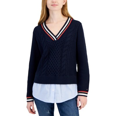 Женский пуловер Tommy Hilfiger с отделкой в темно-синюю полоску и V-образным вырезом, топ-свитер L BHFO 3734