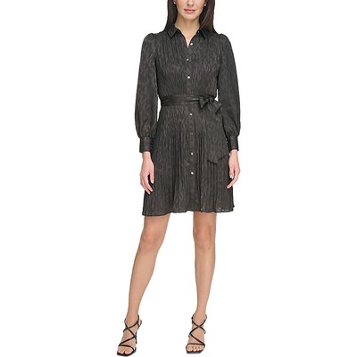 DKNY Womens Black Pleated Above Knee Office Wear Shirtdress 14 BHFO 8669