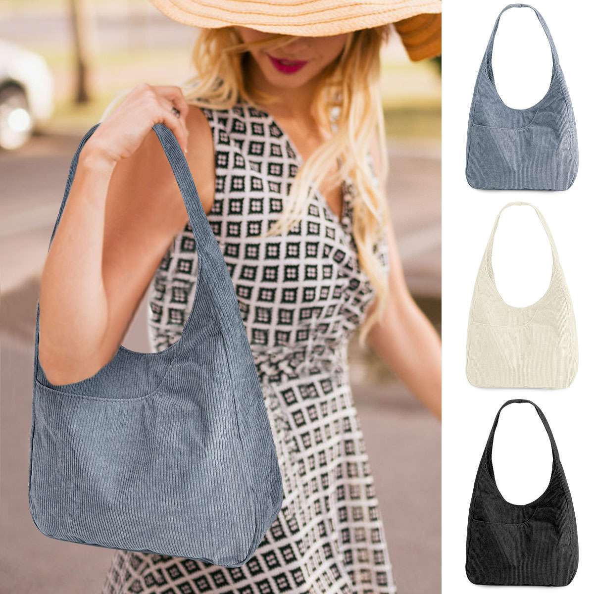 Corduroy Tote Bag for Women Large Hobo Bags Tote Bag with Zipper Casual Shoulder