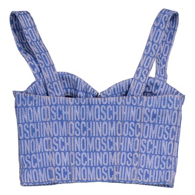 Pre-owned Moschino Ladies Fantasy Print Blue Monogram Denim Cropped Top In Multicolor