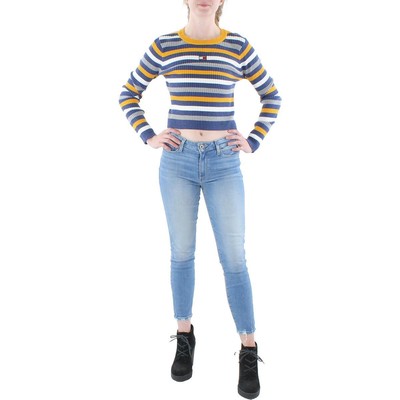 Tommy Jeans Женский синий трикотажный пуловер в рубчик в полоску, топ-свитер M BHFO 8636