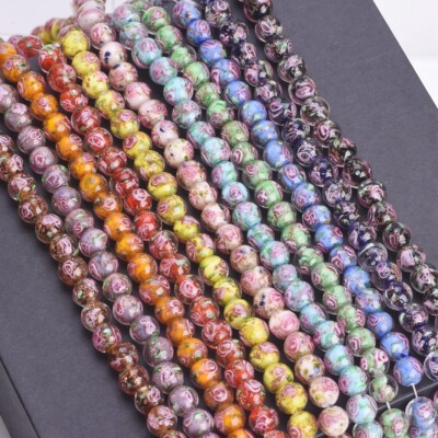 10pcs 8mm Round Handmade Flower Foil Lampwork Glass Loose Beads For DIY Jewelry