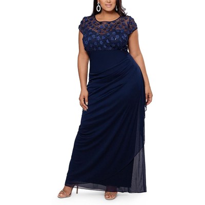 Женское темно-синее вечернее платье Xscape с цветочным принтом в сборку, плюс 20 Вт BHFO 7684