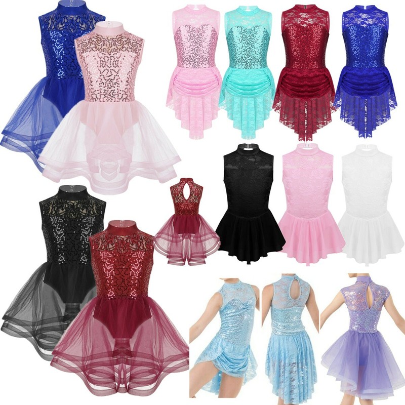 ️ Kids Girl Figure Ice Skating Dress Mock Neck Roller Skating Ballet Dance Costume 🔥 купить