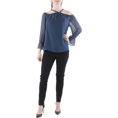 INC Женская темно синяя шифоновая блузка с оборками и отделкой Top Petites PL BHFO 1144