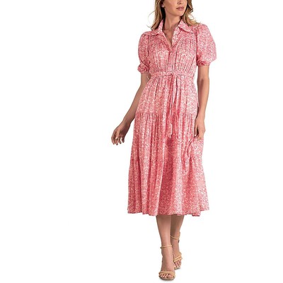 Elan Womens Pink Pleated Tiered Point Collar Sundress L BHFO 0258