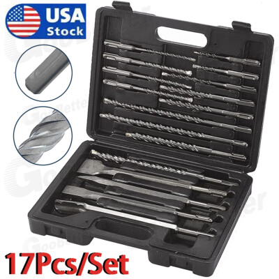 17pcs SDS Plus Rotary Hammer Bits Drill Bit & Chisel Set Groove Concrete w/ Box