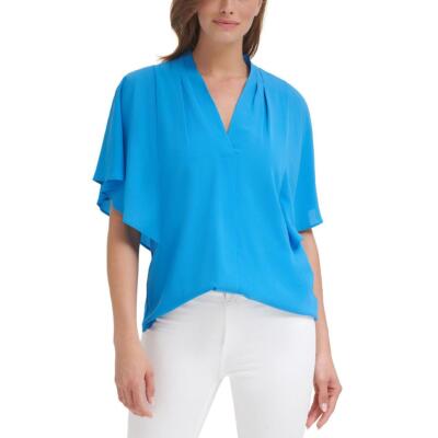 

Calvin Klein Womens Blue Poncho драпированный пуловер с V-образным вырезом BHFO 1919, Grotto