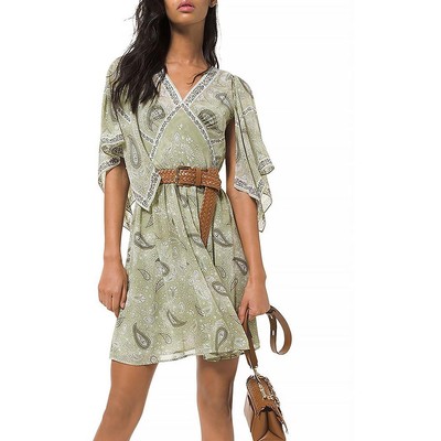 Женское зеленое платье-сарафан с V-образным вырезом и оборками от MICHAEL Michael Kors XS BHFO 8856