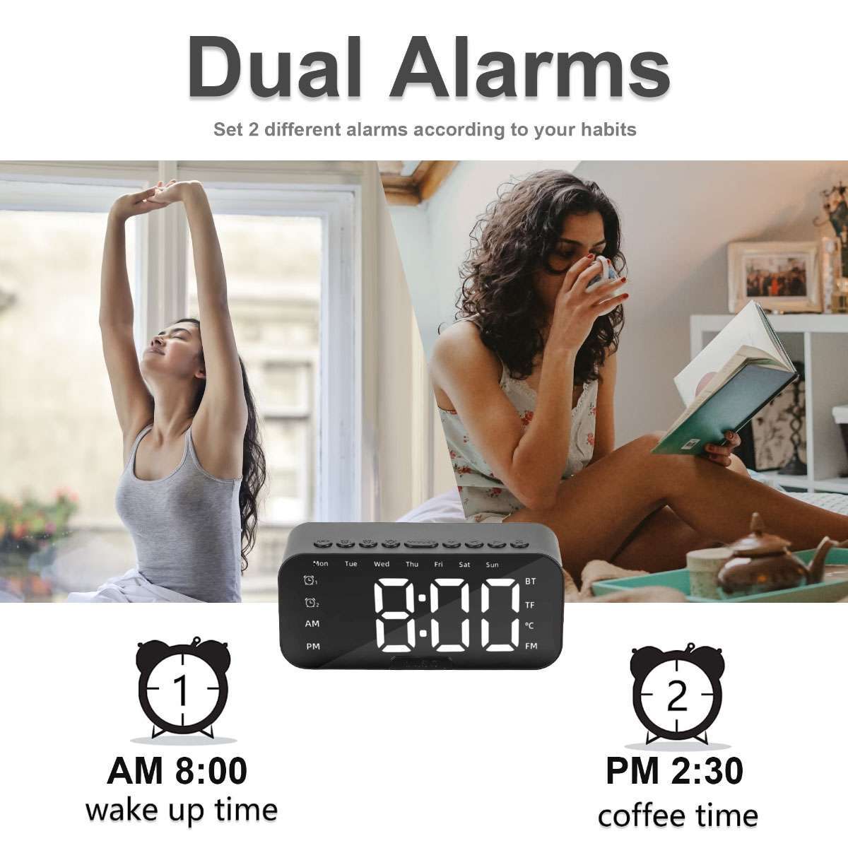 Wireless Bluetooth Digital Mirror Alarm Clock Speaker MP3 Player Portable -Black