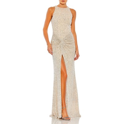 Женское бежевое вечернее платье Mac Duggal с рюшами и блестками, 12 BHFO 0163