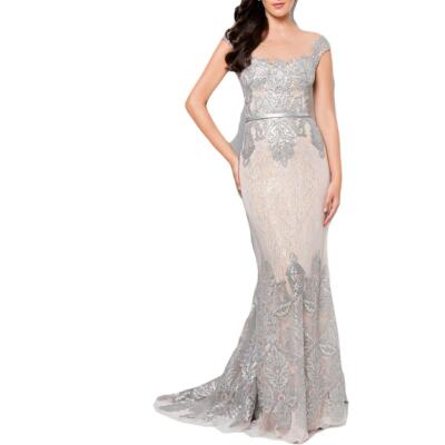 

Terani Couture Серебряное кружевное вечернее платье для выпускного с иллюзией  BHFO 0042, Gunmetal nude